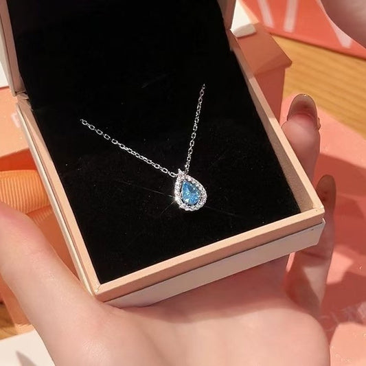 S925 Sterling Silver Blue Tear Necklace For Women, Oval Water Drop Clavicle Chain Pendant, Light Luxury Niche Design, Gift For Girlfriend