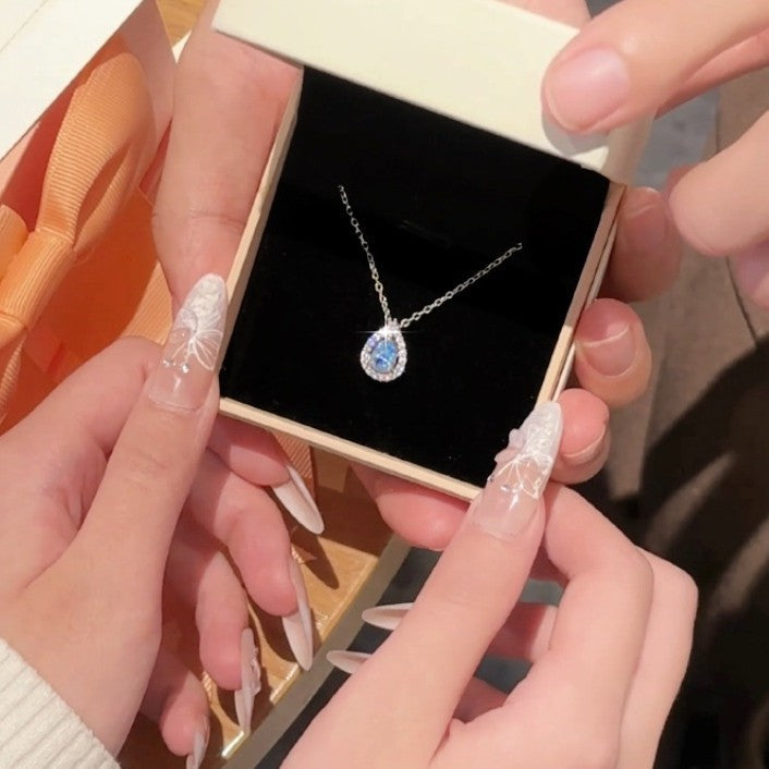S925 Sterling Silver Blue Tear Necklace For Women, Oval Water Drop Clavicle Chain Pendant, Light Luxury Niche Design, Gift For Girlfriend